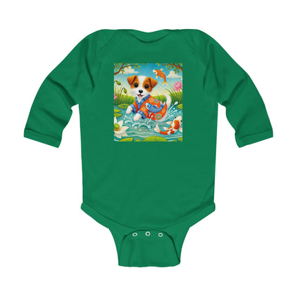 Koi Pond Puppy Baby Long Sleeve Bodysuit – Whimsical Koi & Kimono Design