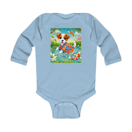Koi Pond Puppy Baby Long Sleeve Bodysuit – Whimsical Koi & Kimono Design