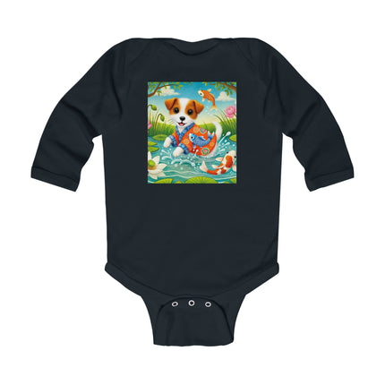 Koi Pond Puppy Baby Long Sleeve Bodysuit – Whimsical Koi & Kimono Design