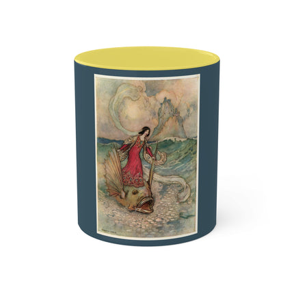 Rita Rides on the Dolphin by Warwick Goble Colorful Mugs, 11oz