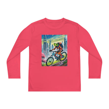 Cyberpunk Frog Youth Long Sleeve Competitor Tee – Neon Trails & Futuristic Adventure