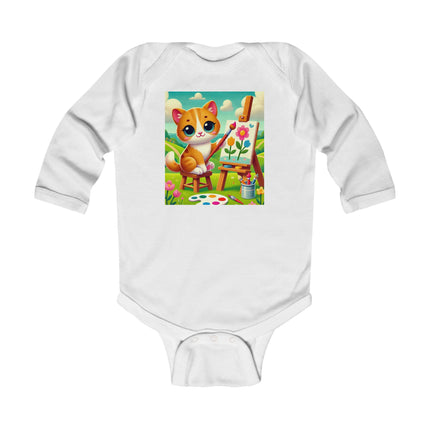 Kitten’s Creative Day Baby Long Sleeve Bodysuit – Whimsical Artist Kitten Garden Design