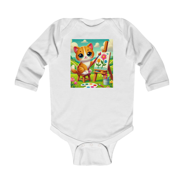 Kitten’s Creative Day Baby Long Sleeve Bodysuit – Whimsical Artist Kitten Garden Design