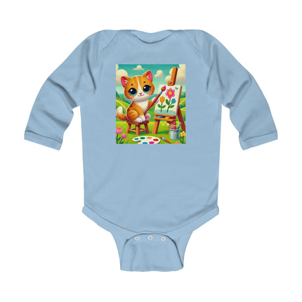 Kitten’s Creative Day Baby Long Sleeve Bodysuit – Whimsical Artist Kitten Garden Design