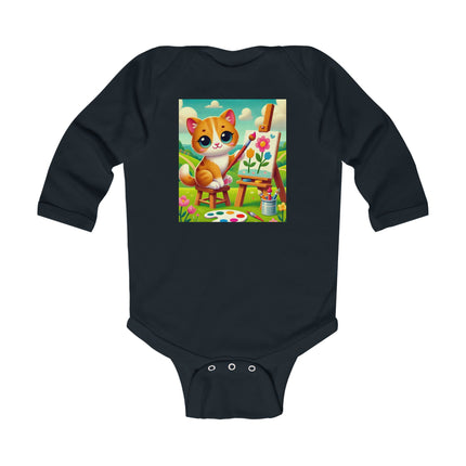 Kitten’s Creative Day Baby Long Sleeve Bodysuit – Whimsical Artist Kitten Garden Design
