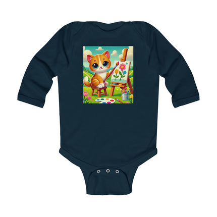Kitten’s Creative Day Baby Long Sleeve Bodysuit – Whimsical Artist Kitten Garden Design