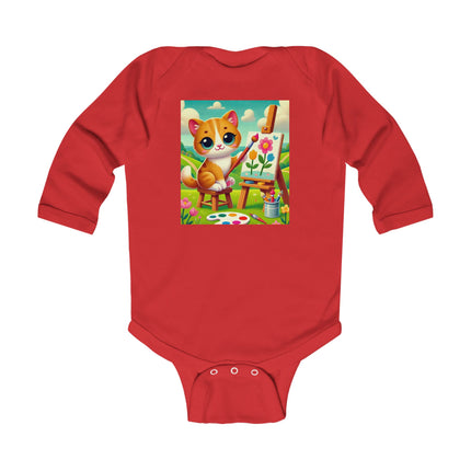 Kitten’s Creative Day Baby Long Sleeve Bodysuit – Whimsical Artist Kitten Garden Design