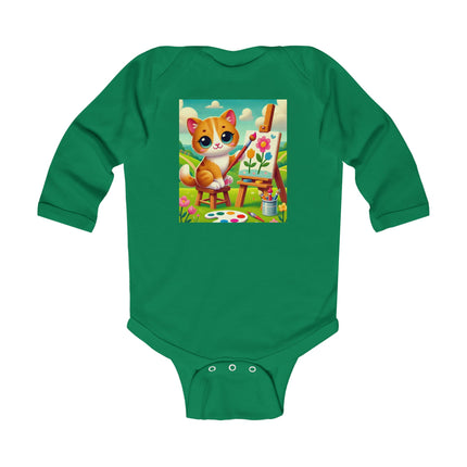 Kitten’s Creative Day Baby Long Sleeve Bodysuit – Whimsical Artist Kitten Garden Design