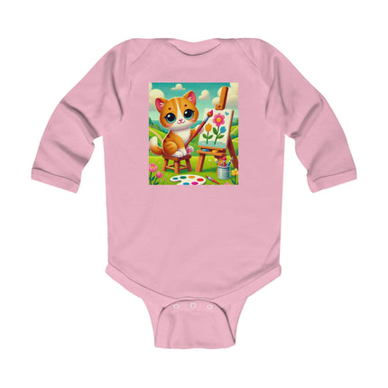 Kitten’s Creative Day Baby Long Sleeve Bodysuit – Whimsical Artist Kitten Garden Design