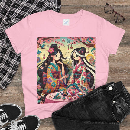 Fairies in Kimonos at Tea Among Blossoms Cotton Tee