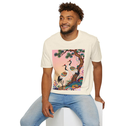 🐦🌸 The Enchanted Crane Garden Softstyle T-Shirt – Oriental Elegance & Colorful Harmony