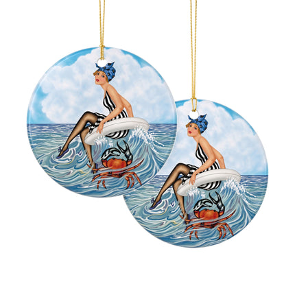 🦀🌊 The Seaside Crab Ride Ceramic Ornament – Art Deco Beach Whimsy