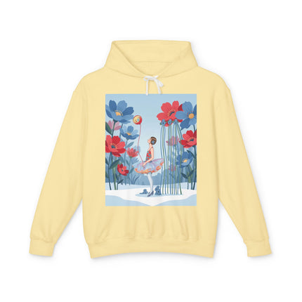 🌸❄️ Winter Flower Girl Unisex Lightweight Hooded Sweatshirt – Art Deco Floral Fantasy
