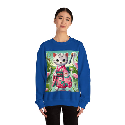 Geisha Kitten Strolls Among the Spoonbills  Unisex Heavy Blend™ Crewneck Sweatshirt