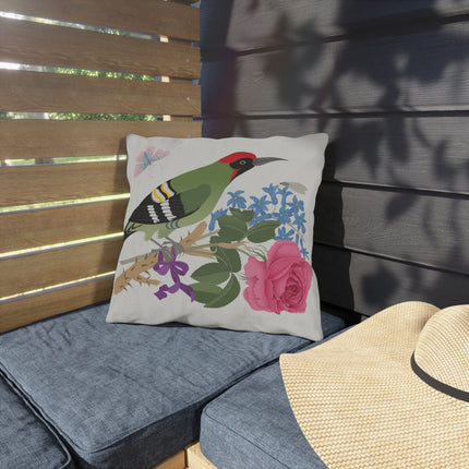 Woodpecker & Rose Outdoor Pillows – Vibrant Nature & Timeless Charm