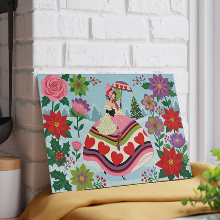 ❤️🌺 The Lady Of The Christmas Heart Garden Glass Cutting Board – Art Deco Holiday Romance