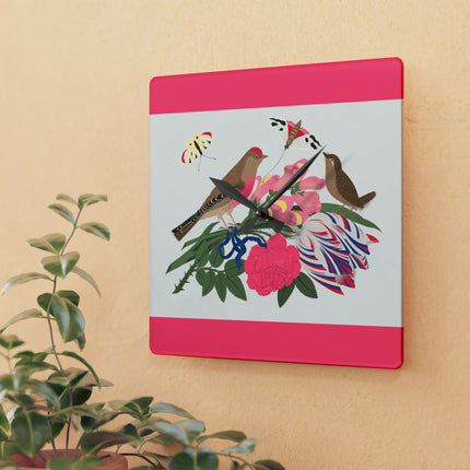 Pink-Breasted Bird & Wren Acrylic Wall Clock