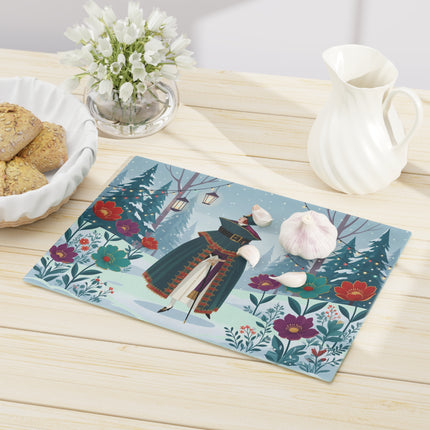🏮❄️ The Winter Lantern Promenade Glass Cutting Board – Art Deco Holiday Fantasy