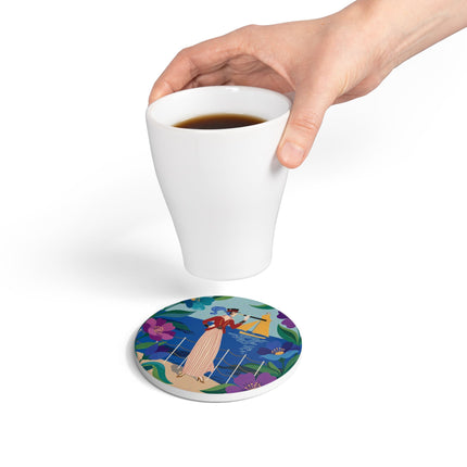 🌊🔭 The Lady Of The Seaside Lookout Ceramic Coaster – Art Deco Nautical Adventure