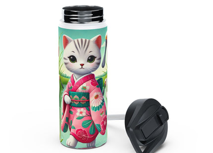 Geisha Kitten Strolls Among the Spoonbills Stainless Steel Water Bottle, Standard Lid