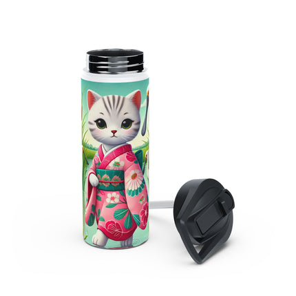 Geisha Kitten Strolls Among the Spoonbills Stainless Steel Water Bottle, Standard Lid