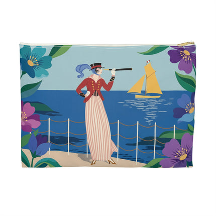 🌊🔭 The Lady Of The Seaside Lookout Accessory Pouch – Art Deco Nautical Adventure