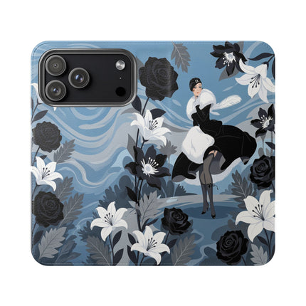 🖤🤍 The Lady Of The Black Rose Garden Flip Case – Art Deco Floral Elegance