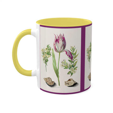 Tulip, Branches of Myrtle and Shells by Maria Sibylla Merian Colorful Mugs, 11oz