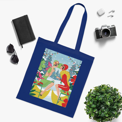 🎄☕ Christmas Tea In The Snow Garden Cotton Tote Bag – Art Deco Holiday Friendship