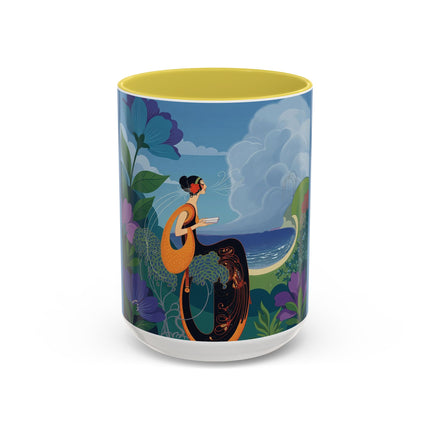 The Lady And The Sea Breeze Colorful Mugs – Art Deco Coastal Serenity