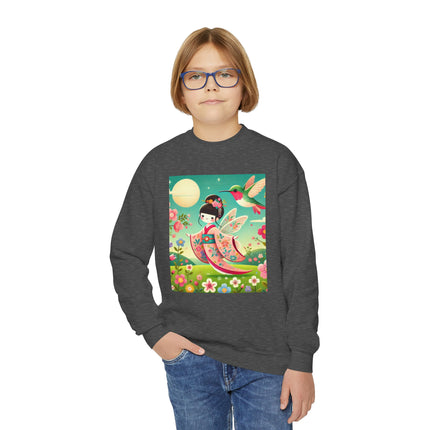 Geisha Fairy and the Hummingbird Blossom Youth Crewneck Sweatshirt – Magic, Grace & Dreamlike Beauty