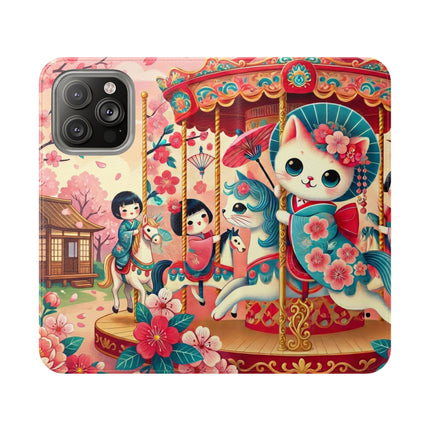 🎠🌸 Geisha Kitten's Enchanted Carousel Flip Case – Whimsical Dreams & Cherry Blossom Magic
