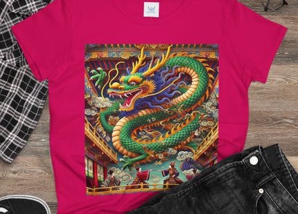 Tibetan Dragon Over Kabuki Duel Women's Midweight Cotton Tee