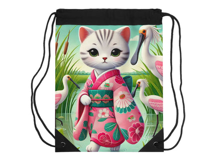 Geisha Kitten Strolls Among the Spoonbills Drawstring Bag