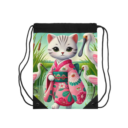 Geisha Kitten Strolls Among the Spoonbills Drawstring Bag