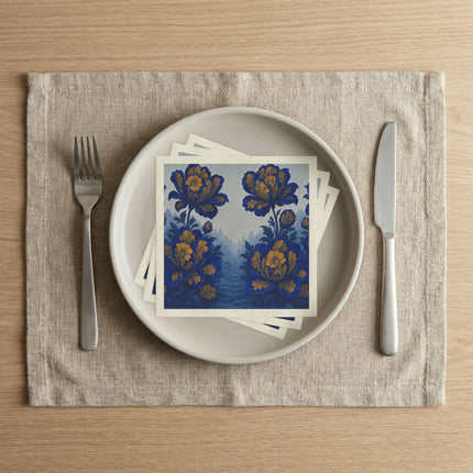 💙🌼 The Royal Blue And Golden Blossom Garden Napkins – Ornamental Botanical Elegance