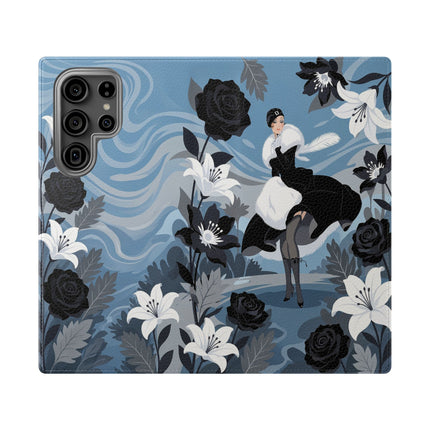 🖤🤍 The Lady Of The Black Rose Garden Flip Case – Art Deco Floral Elegance