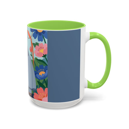 The Lady And The Mysterious Bird Colorful Mugs – Art Deco Botanical Mystery