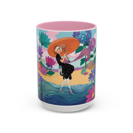 The Lady Of The Coral Parasol Colorful Mugs – Art Deco Coastal Elegance