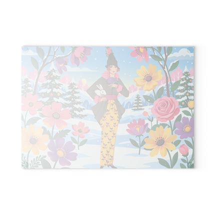🐇❄️ The Lady Of The Winter Rabbit Garden Glass Cutting Board – Art Deco Holiday Fantasy