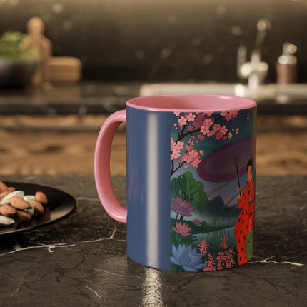 The Lady Of The Cherry Blossoms Colorful Mugs – Art Deco Spring Elegance