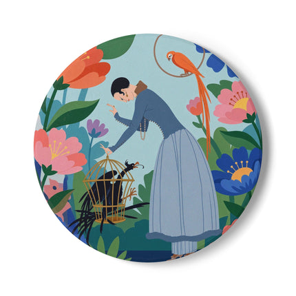 🦜🌺 The Lady Of The Garden Aviary Ceramic Coaster – Art Deco Floral Whimsy