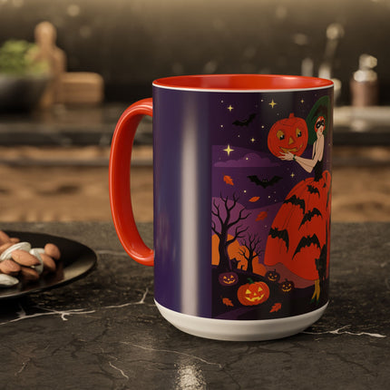 🎃🌕 The Pumpkin Moon Enchantress Colorful Mug – Elegant Halloween Masquerade