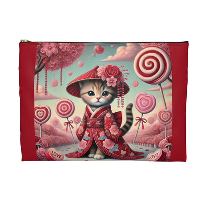 Whimsical Geisha Kitten in a Valentine Garden Accessory Pouch