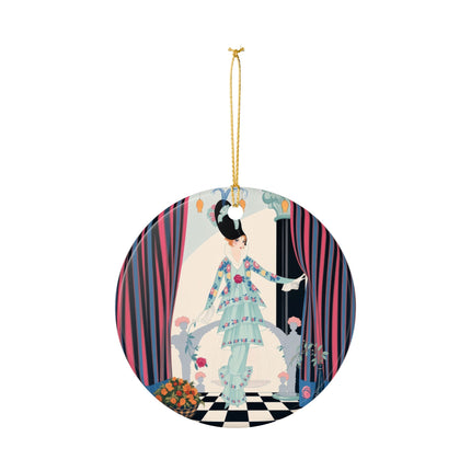 🌹🎭 The Lady Between The Curtains Ceramic Ornament – Art Deco Floral Theatre