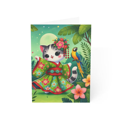🌺🦜 The Tropical Parrot Kimono Kitten Greeting Card – Whimsical Jungle Elegance