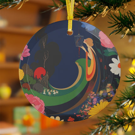🌙🌸 The Lady And The Crimson Moonbird Glass Ornament – Art Deco Whimsical Garden Elegance
