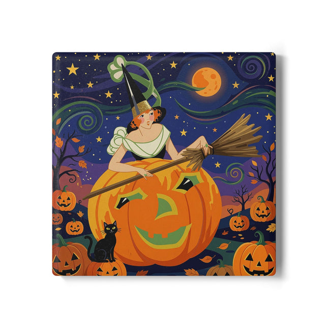 🧙‍♀️🎃 The Witch Of Pumpkin Moon Hollow Ceramic Coaster – Whimsical Halloween Magic