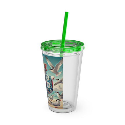 Geisha Kitten by the Seaside Sunsplash Tumbler with Straw, 16oz