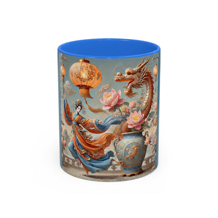 Golden Dragon & Lantern Lady Colorful Mug – Imperial Dragon & Elegant Harmony